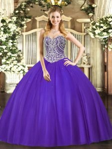 Purple Sleeveless Tulle Lace Up 15th Birthday Dress for Military Ball and Sweet 16 and Quinceanera