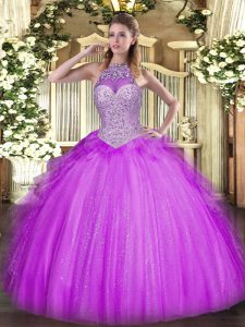 Latest Lilac Sweet 16 Dresses Military Ball and Sweet 16 and Quinceanera with Beading and Ruffles Halter Top Sleeveless Lace Up