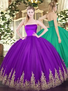 Floor Length Zipper Quinceanera Gowns Purple for Military Ball and Sweet 16 and Quinceanera with Appliques