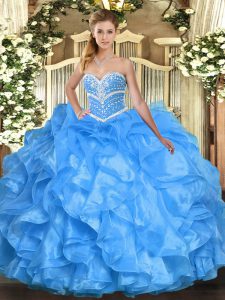 Ideal Sleeveless Beading and Ruffles Lace Up Quince Ball Gowns