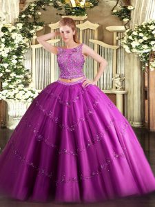 Custom Design Sleeveless Tulle Floor Length Lace Up Quinceanera Gown in Fuchsia with Beading and Appliques