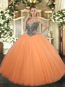 Sleeveless Floor Length Beading Lace Up 15 Quinceanera Dress with Orange