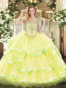 Sophisticated Yellow Sleeveless Organza Lace Up Sweet 16 Dress for Military Ball and Sweet 16 and Quinceanera