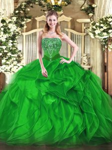 Charming Strapless Sleeveless Lace Up 15th Birthday Dress Green Organza