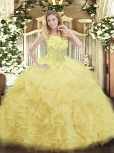 Beading and Ruffles 15th Birthday Dress Yellow Zipper Sleeveless Floor Length