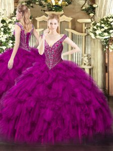 Cheap Fuchsia V-neck Lace Up Beading and Ruffles Sweet 16 Quinceanera Dress Sleeveless