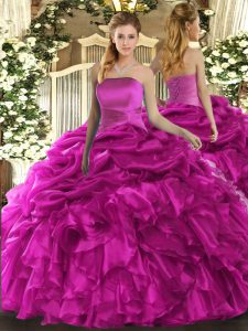 Hot Selling Sleeveless Floor Length Ruffles and Pick Ups Lace Up Sweet 16 Dress with Fuchsia
