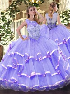 Scoop Sleeveless Organza 15th Birthday Dress Beading and Ruffled Layers Zipper