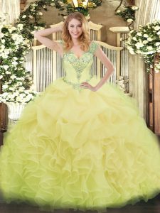 Chic V-neck Sleeveless Lace Up Quinceanera Gowns Yellow Organza