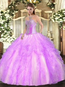 Unique Lilac Ball Gowns Beading and Ruffles 15th Birthday Dress Lace Up Tulle Sleeveless Floor Length