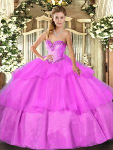 Lilac Lace Up 15 Quinceanera Dress Beading and Ruffled Layers Sleeveless Floor Length