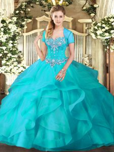 Floor Length Ball Gowns Sleeveless Aqua Blue 15 Quinceanera Dress Lace Up