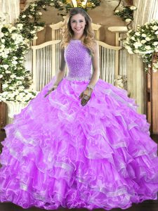 Classical Lavender Sleeveless Floor Length Beading and Ruffled Layers Lace Up Quinceanera Gown
