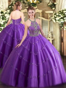 Customized Halter Top Sleeveless Quince Ball Gowns Floor Length Beading and Appliques Purple Tulle