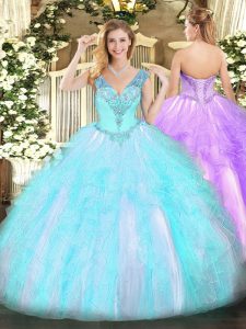 Fantastic Aqua Blue Ball Gowns V-neck Sleeveless Organza Floor Length Lace Up Beading and Ruffles 15 Quinceanera Dress
