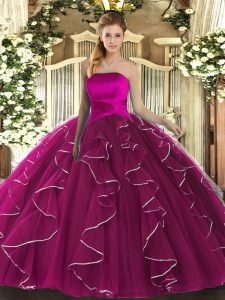 New Style Fuchsia Strapless Lace Up Ruffles Quinceanera Gowns Sleeveless