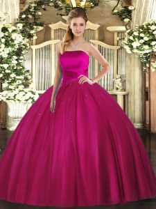 Hot Sale Floor Length Lace Up 15 Quinceanera Dress Fuchsia for Military Ball and Sweet 16 and Quinceanera with Ruching