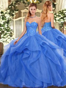 Blue Sweetheart Neckline Beading and Ruffles 15th Birthday Dress Sleeveless Lace Up