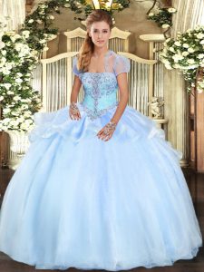 Cheap Light Blue Sleeveless Organza Lace Up Quince Ball Gowns for Military Ball and Sweet 16 and Quinceanera