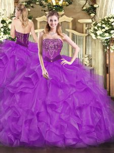 Purple Lace Up Quinceanera Dresses Beading and Ruffles Sleeveless Floor Length