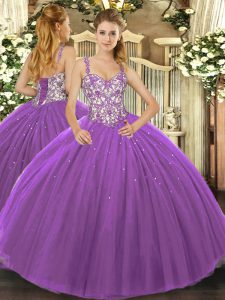 Glorious Purple Straps Neckline Beading and Appliques Quinceanera Dress Sleeveless Lace Up