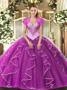 Delicate Floor Length Fuchsia Quince Ball Gowns Tulle Sleeveless Beading