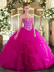 High End Fuchsia Lace Up Sweetheart Embroidery and Ruffles Sweet 16 Dress Tulle Sleeveless