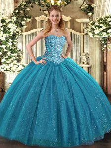 Sweet Floor Length Lace Up Sweet 16 Quinceanera Dress Teal for Military Ball and Sweet 16 and Quinceanera with Beading
