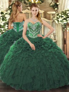 Dark Green Sweetheart Lace Up Beading and Ruffled Layers Quinceanera Gowns Sleeveless