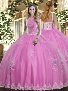 Tulle High-neck Sleeveless Lace Up Beading and Appliques Sweet 16 Quinceanera Dress in Rose Pink