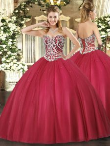 Sleeveless Tulle Floor Length Lace Up Quinceanera Dress in Red with Beading
