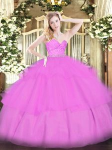 Floor Length Lilac Ball Gown Prom Dress Tulle Sleeveless Beading and Lace and Ruffled Layers