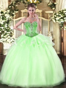 Sleeveless Organza Floor Length Lace Up Sweet 16 Quinceanera Dress in Apple Green with Beading