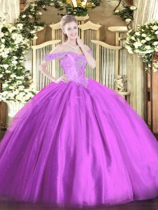 Floor Length Lace Up Quinceanera Gowns Lilac for Military Ball and Sweet 16 and Quinceanera with Beading