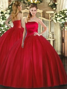 Red Lace Up Strapless Ruching Quinceanera Gowns Tulle Sleeveless