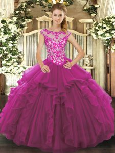 Modern Ball Gowns Quince Ball Gowns Fuchsia Scoop Organza Sleeveless Floor Length Lace Up