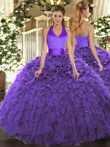 Sleeveless Floor Length Ruffles Lace Up Sweet 16 Dresses with Purple