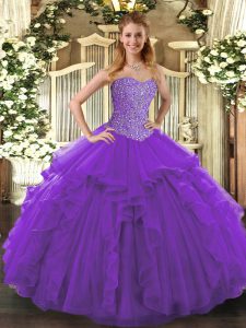 Floor Length Lace Up Quinceanera Gowns Purple for Military Ball and Sweet 16 and Quinceanera with Beading and Ruffles