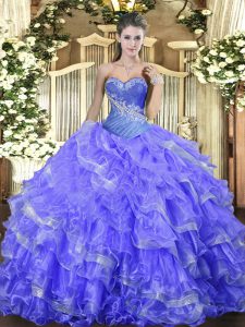Sweetheart Sleeveless Quinceanera Gowns Floor Length Beading and Ruffled Layers Blue Organza