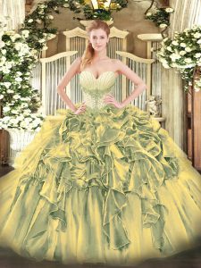 Decent Olive Green Quinceanera Gown Military Ball and Sweet 16 and Quinceanera with Beading and Ruffles Sweetheart Sleeveless Lace Up