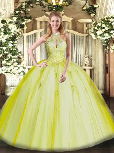 Fantastic Yellow Green Halter Top Neckline Appliques Quinceanera Dresses Sleeveless Lace Up