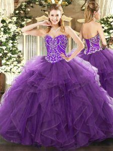 Sleeveless Tulle Floor Length Lace Up Ball Gown Prom Dress in Eggplant Purple with Beading and Ruffles