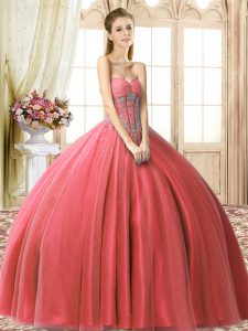 Admirable Sleeveless Tulle Floor Length Lace Up Sweet 16 Dresses in Coral Red with Beading