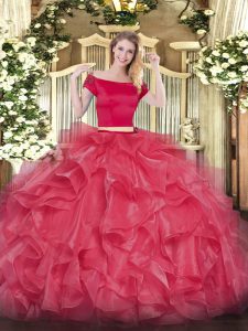Coral Red Zipper Quince Ball Gowns Appliques and Ruffles Short Sleeves Floor Length