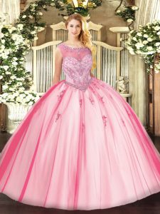 Floor Length Pink Sweet 16 Dresses Scoop Sleeveless Zipper