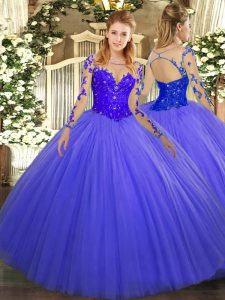Blue Ball Gowns Lace Ball Gown Prom Dress Lace Up Tulle Long Sleeves Floor Length