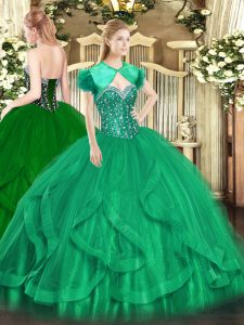 Turquoise Ball Gowns Beading and Ruffles Quinceanera Dresses Lace Up Tulle Sleeveless Floor Length