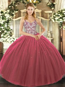 Flirting Fuchsia Straps Lace Up Beading and Appliques Quinceanera Dresses Sleeveless