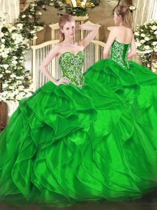 Classical Green Sleeveless Organza Lace Up 15 Quinceanera Dress for Military Ball and Sweet 16 and Quinceanera