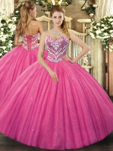 Sweetheart Sleeveless Lace Up Vestidos de Quinceanera Hot Pink Tulle